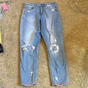 American Eagle Outfitters Lightly Distressed Blue Jeans with Pink Embroidery